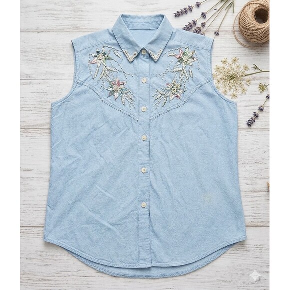 Jane Ashley Tops - Jane Ashley Chambray Shirt L Floral Beaded Embroidered Y2K 90s Western Sleeveles